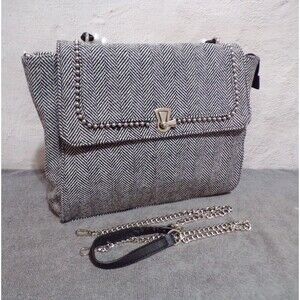 Tweed Gray Pearl Handle with Adjustable Chain Shoulder Strap Satchel Handbag NEW